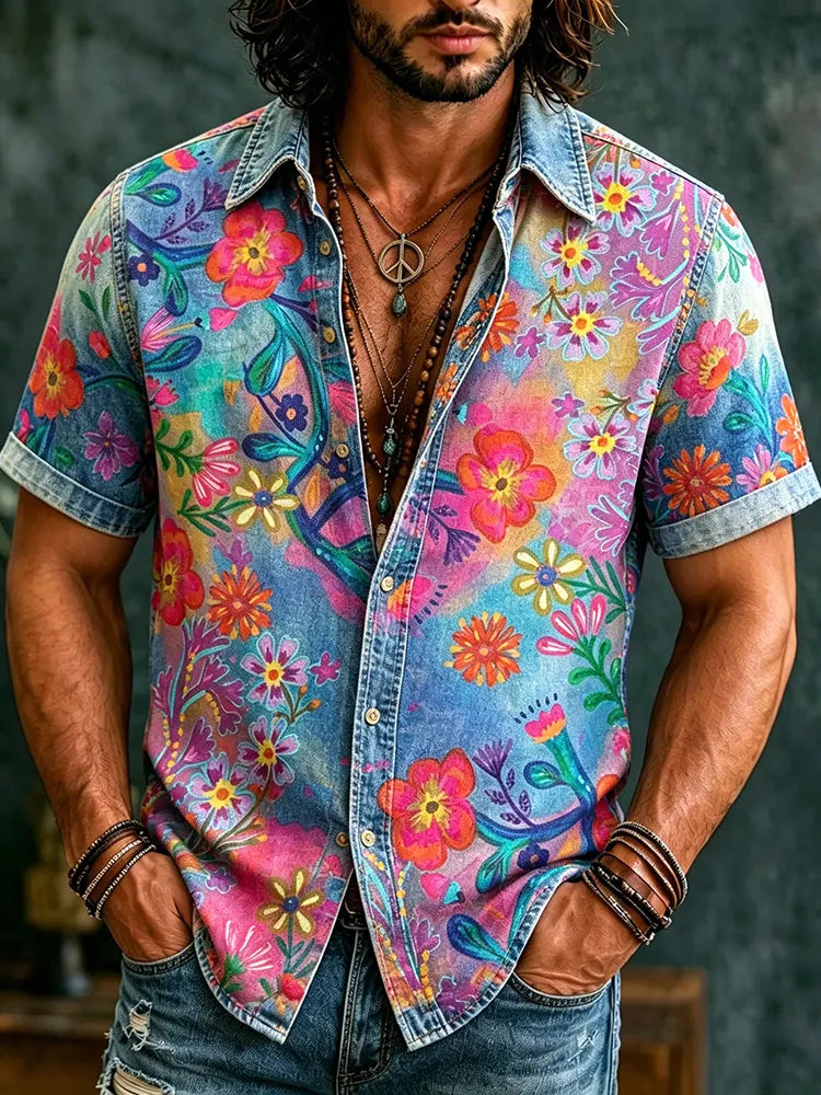 Men's Retro Hippie Floral Graffiti Art Pattern Casual Washed Shirt