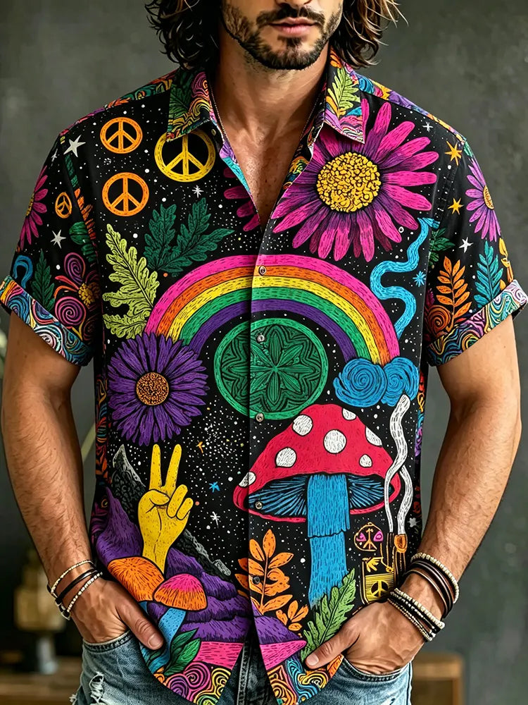 Men's Hippie Psychedelic Style Peace Symbol Botanical Print Casual Shirt