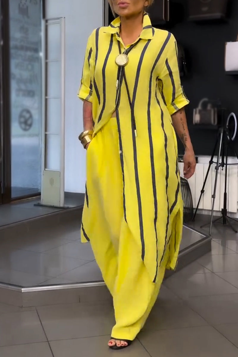 Women Collar Vertical Stripe Long Top+ Wide Leg Pants Loose Casual Cotton and Linen Set