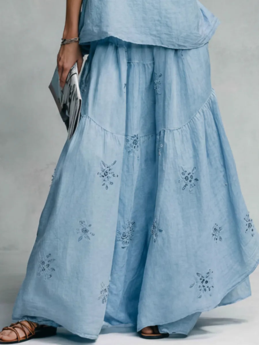 Women's Vacation Light Blue Linen-Cotton Embroidered Ruffle Collar Sleeveless Maxi Dress MDZ2362D7GMJ
