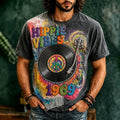 Men's Retro Hippie Vibes With Music Patchwork Art Short Sleeve  Washed T-shirt