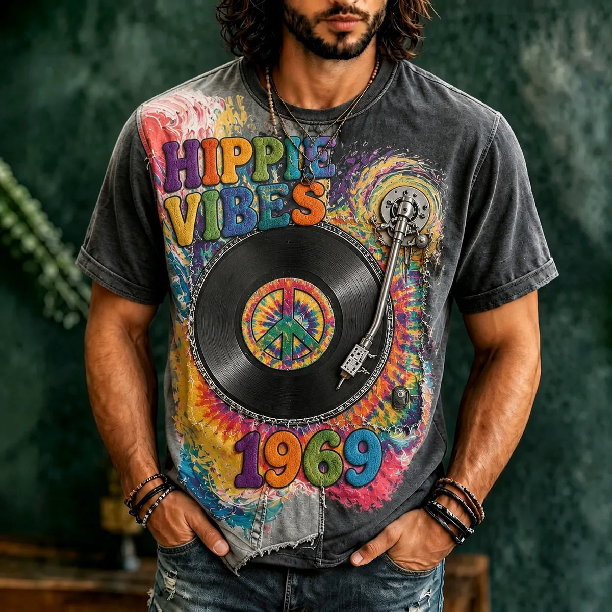 Men's Retro Hippie Vibes With Music Patchwork Art Short Sleeve  Washed T-shirt