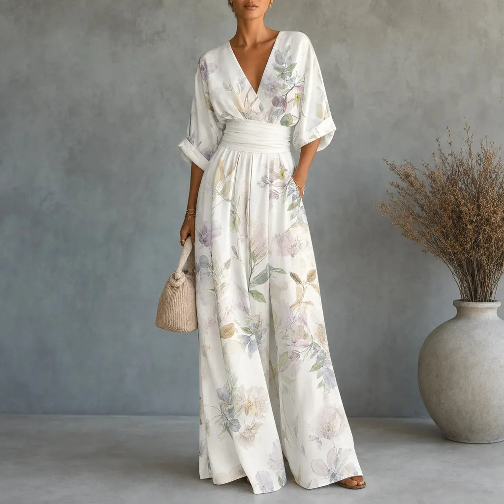 Solene – Printed V-Neck Wide-Leg Jumpsuit with Cinched Waist and Pockets