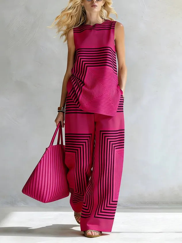 Urban Geometric Stripe Sleeveless Top Loose Fit Lightweight Daily