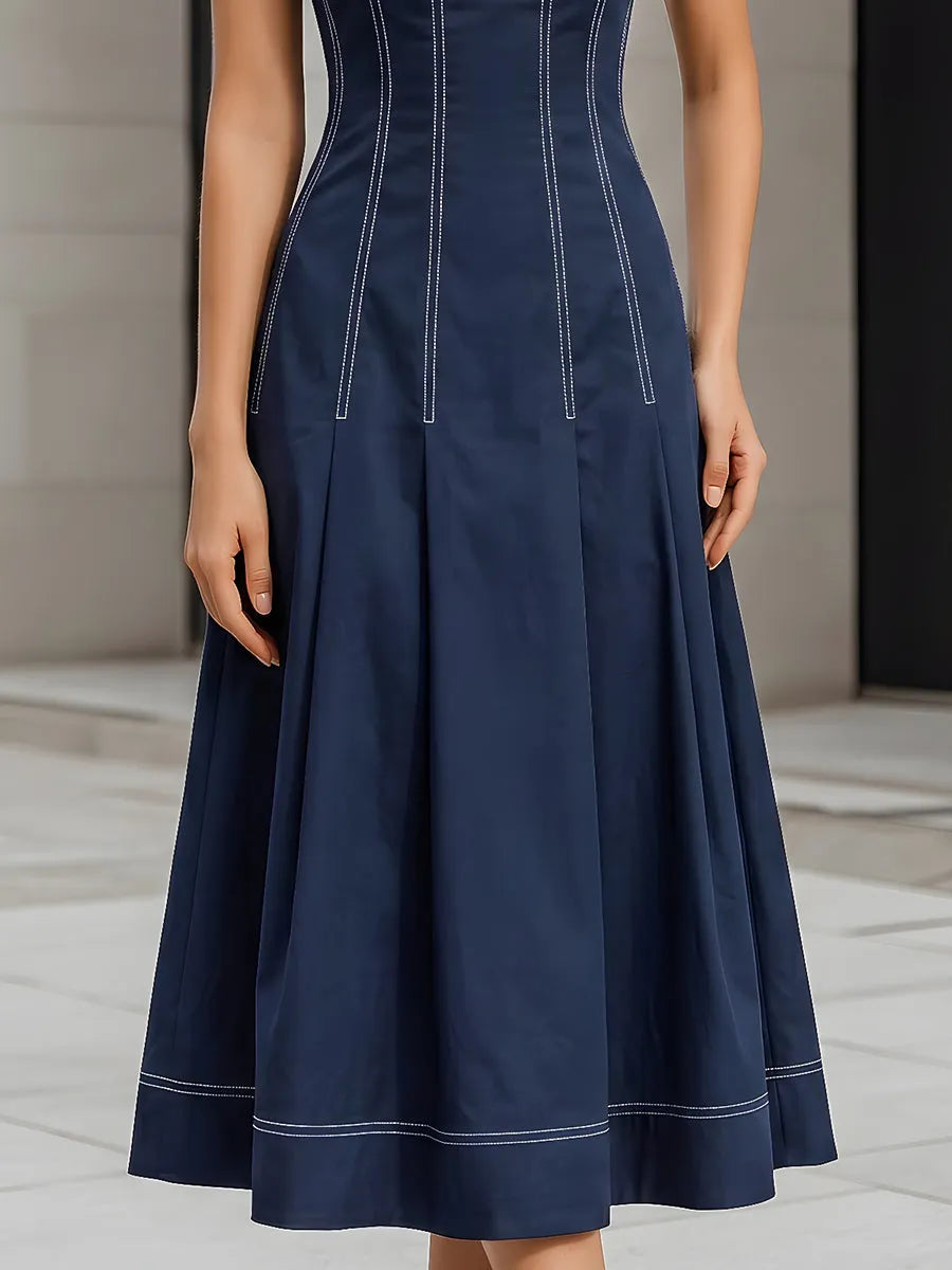Contrast Stitch Sleeveless Square Neck Midi Fit-and-Flare Dress