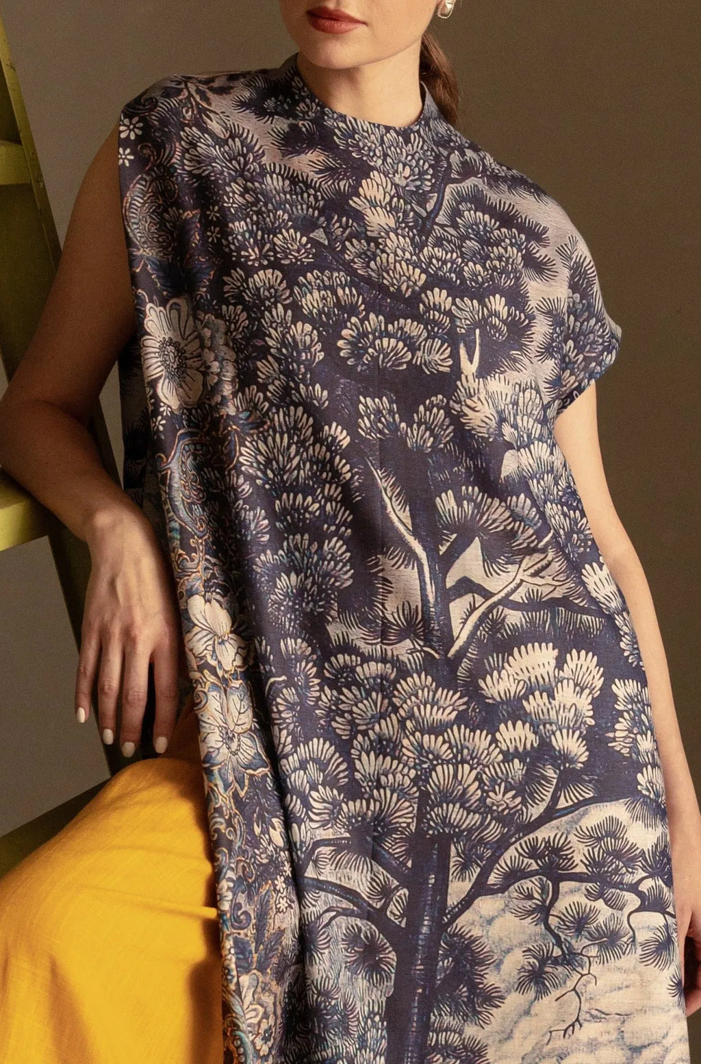 Navy Blue Printed Linen Long Dress And Pants Set