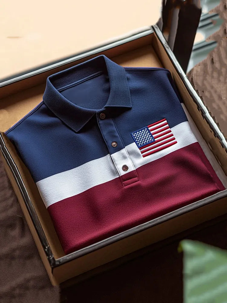 Men's Business Casual Striped Independence Day Button Short Sleeve Polo Shirt
