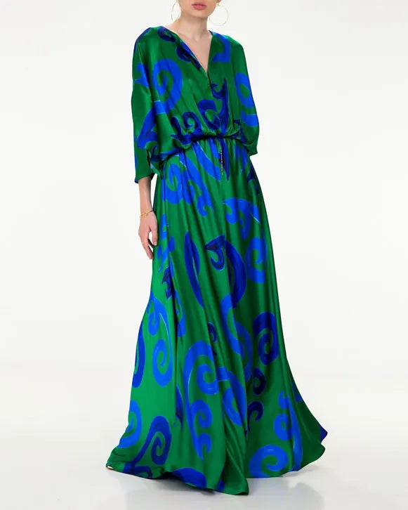 Green Blue Peacock Silk Iris Maxi Dress