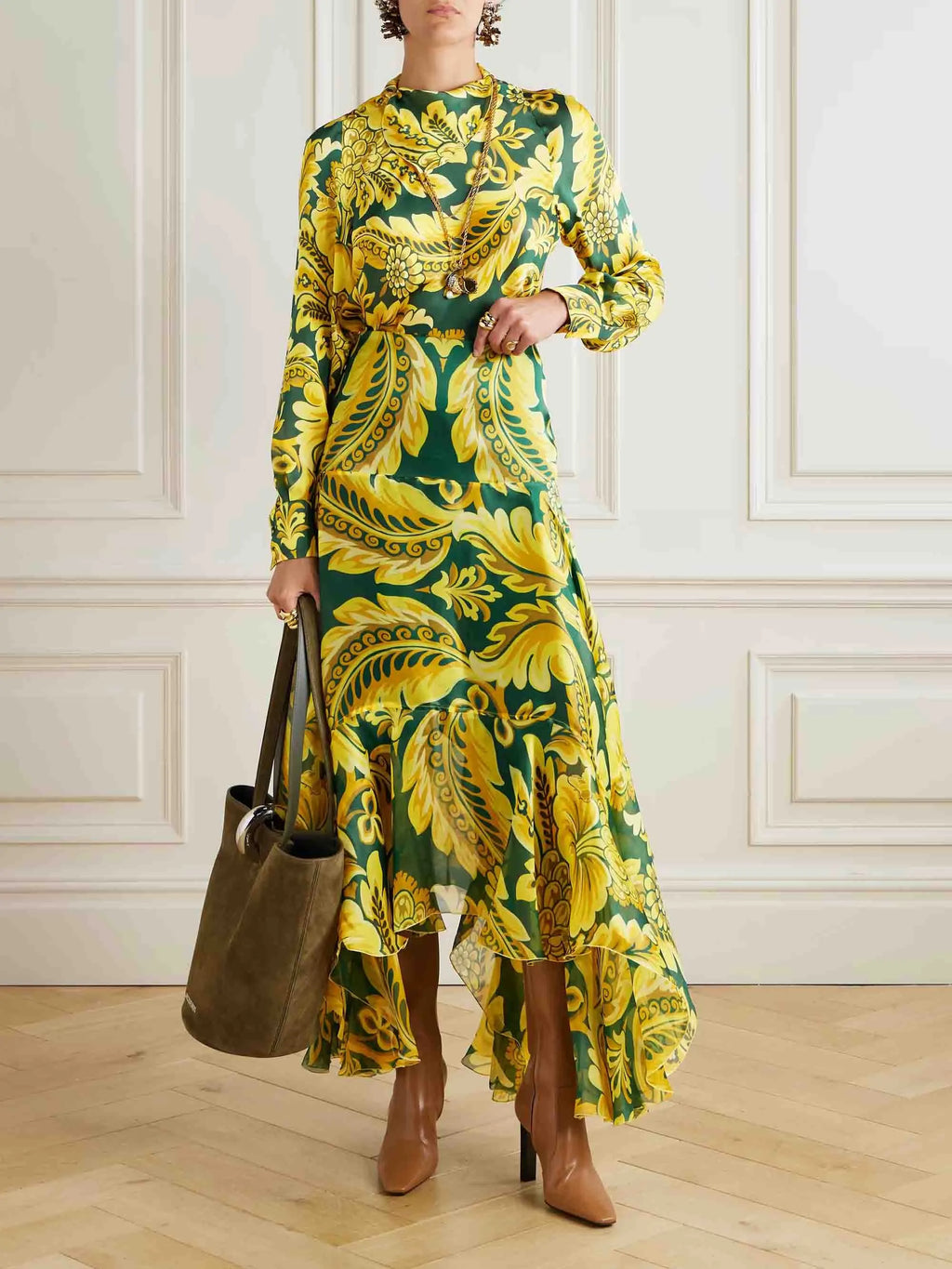 Exquisite Acanthus Leaf Floral Print Asymmetric Ruffled Skirt