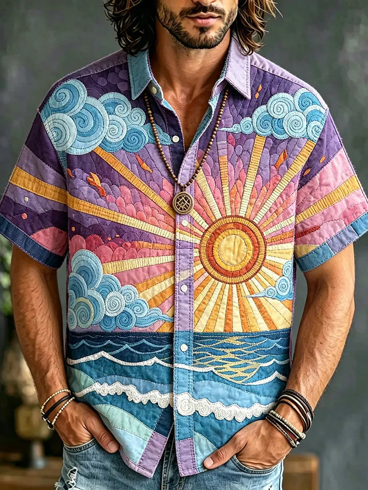 Men's Boho Sunrise Patchwork Print Shirt - Artistic Sun & Wave Casual Button Up