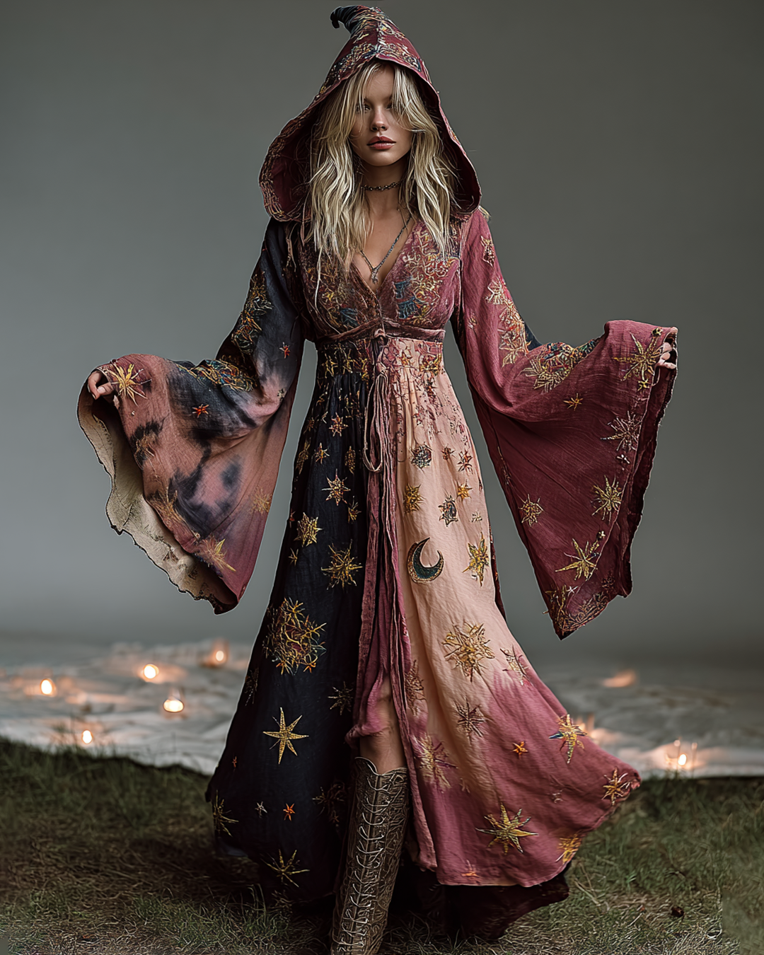 Star And Moon Themed Embroidery Gradient Hooded Witch Dress  4420