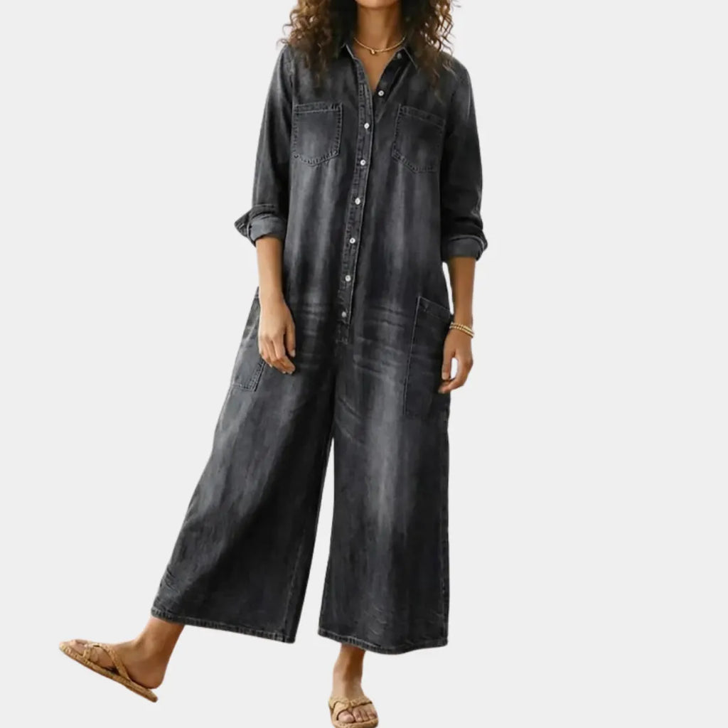 Denim Jumpsuit Women Cotton Button Front Vintage Washed