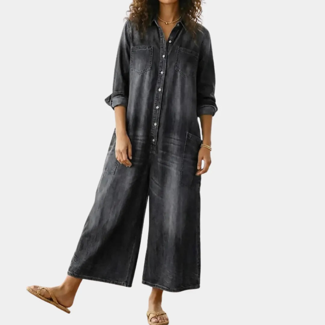 Denim Jumpsuit Women Cotton Button Front Vintage Washed