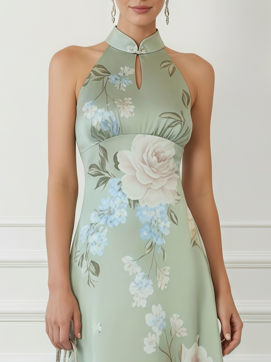 Light Green Floral Satin Mock Neck Sleeveless A-Line Maxi Dress