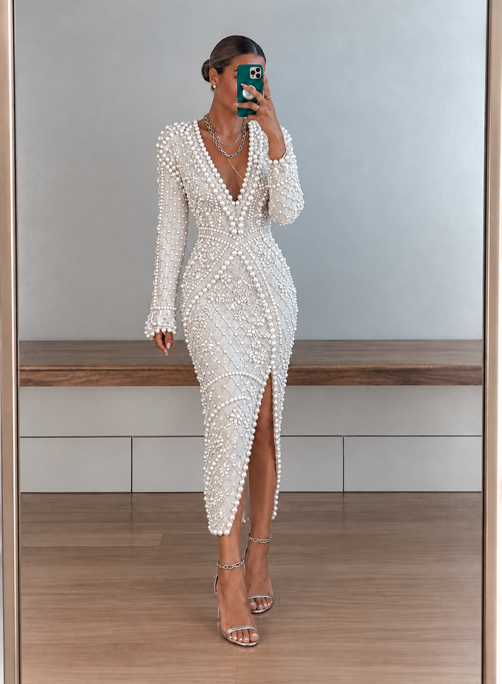 White Pearl Embellished Deep V Midi Party Dress