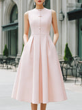 Mandarin Collar Button-Front Sleeveless Pleated A-Line Maxi Dress