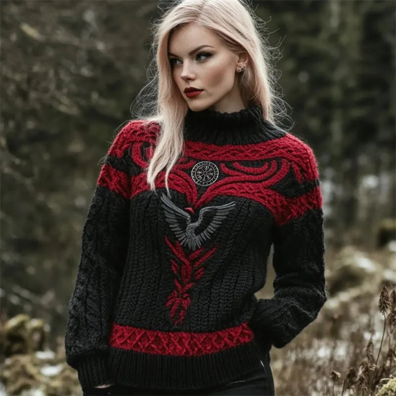 Raven Viking Vegvisir Embroidered Celtic Contrast Cozy Chunky Sweater