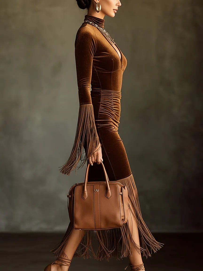 24-Hour-Shipping Brown Velvet Turtleneck Cutout Fringe Long Sleeve Bodycon Dress
