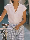 Cotton Shirt, Short Sleeves, Lapel Collar, Button Design, French Vintage, White