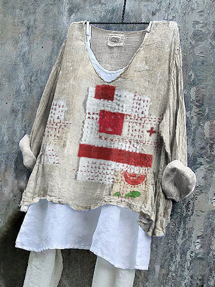 Vintage Patchwork Faith Art Linen Blend Blouse