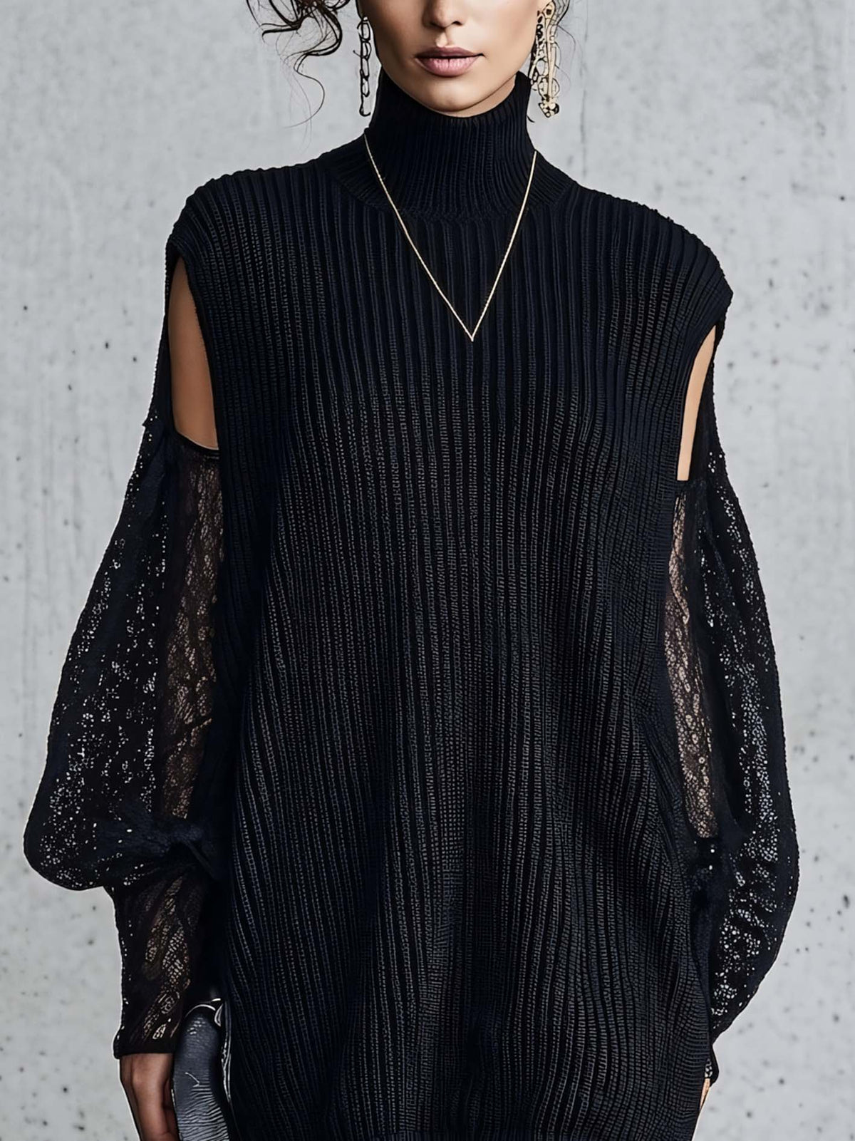 Turtleneck Cold Shoulder Ribbed Knit Mini Dress With Sheer Lace Sleeves