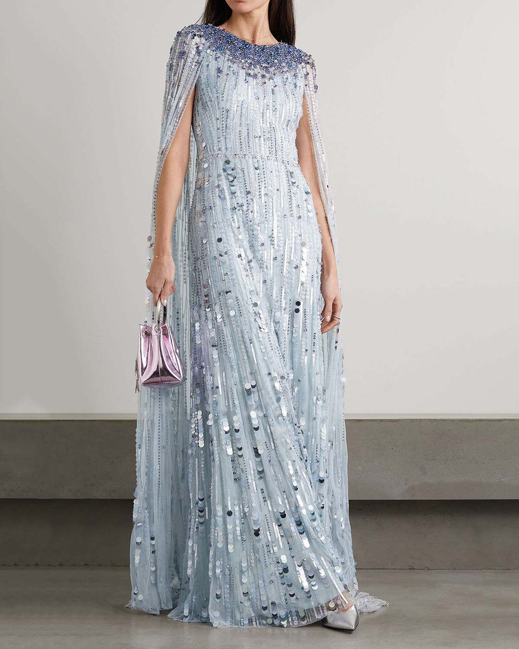 Elegant Cape-Effect Beaded Dress Gown