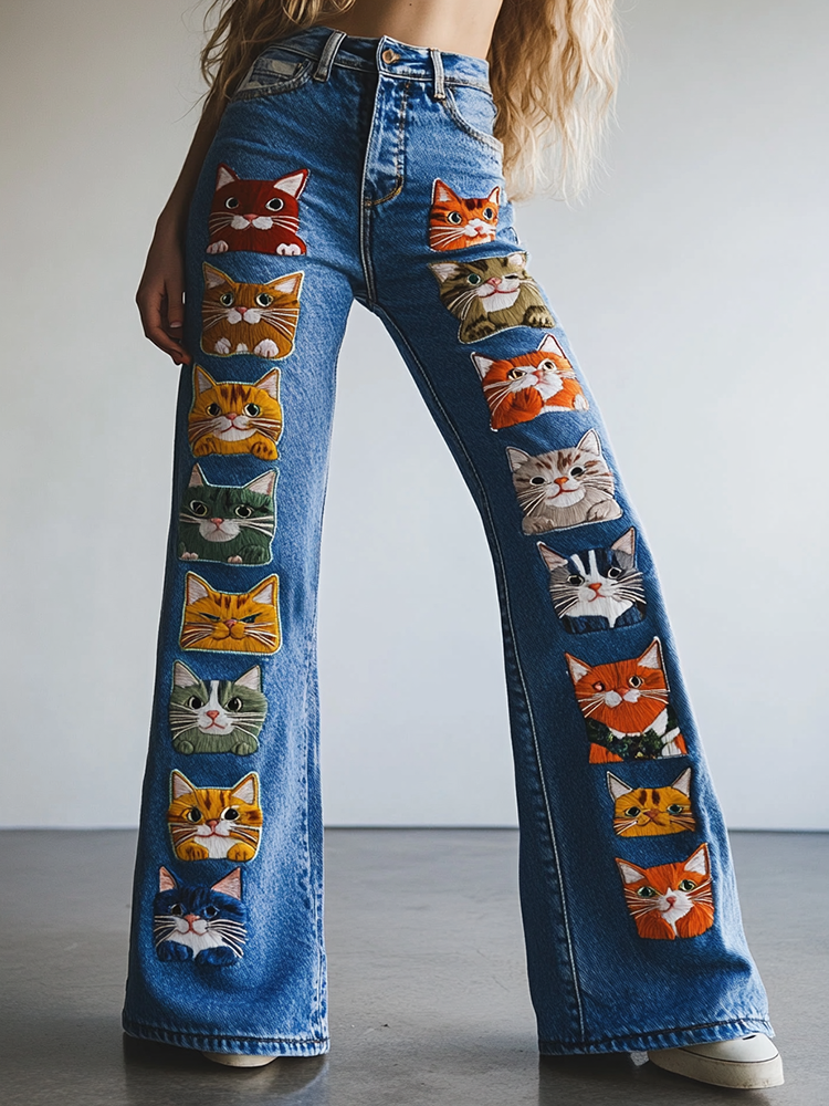 Women's Pop Art Cute Cat Design Jeans