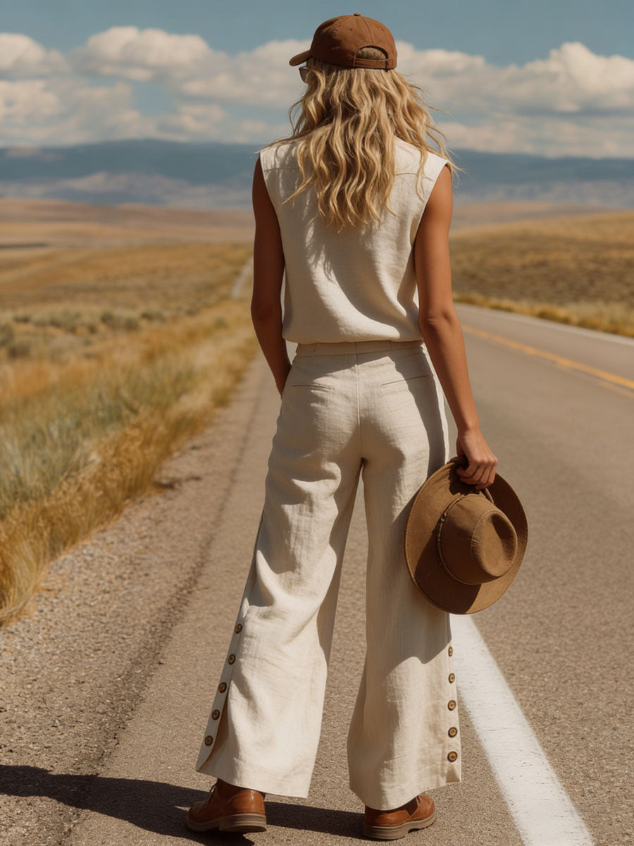 Western Bohemian Retro Apricot Cotton Linen Sleeveless Top And Slit Pants Set