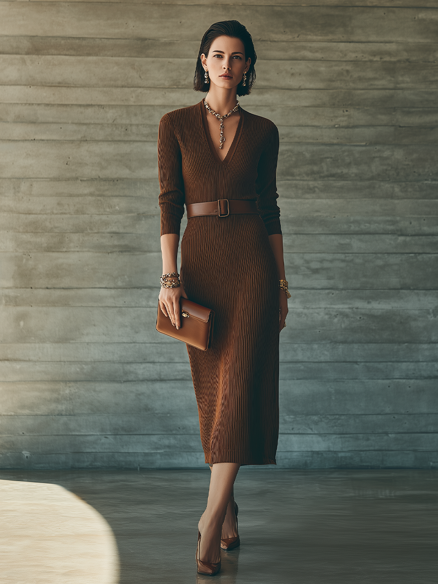 Women's Elegant Brown Knit Ribbed V-Neck Midi Dress (Belt Not Included) MDZ2486G3GMJ