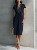 Women's Navy Blue Cotton Linen Golden Embroidered V-Neck Short Sleeve Drawstring Midi Dress MDZ0540C1BA