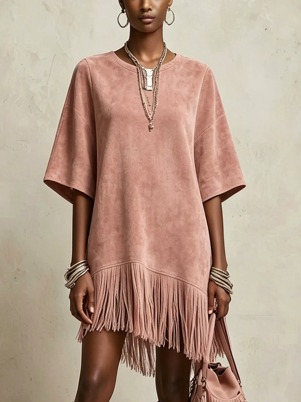 Pink Faux Suede Mini Dress With Fringe Hem And Oversized Sleeves