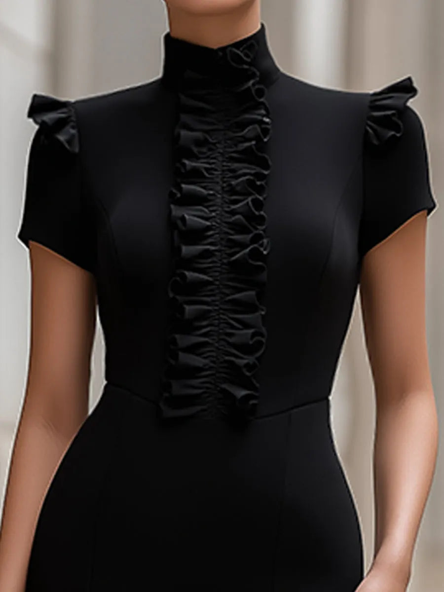 High-Neck Ruffle Front Structured Pencil Midi Dress