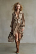 Women's Brown Western-Embroidered Oversized Shirt Dress