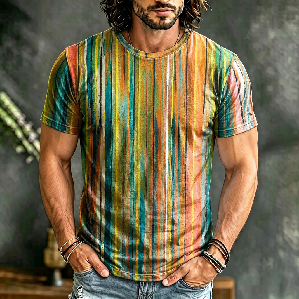 Men's Retro Hippie Abstract Striped Art Print Crew Neck Short Sleeve T-shirt
