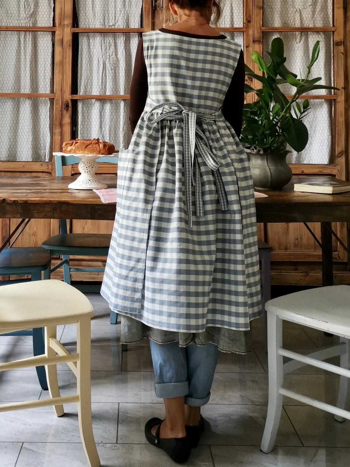 Light Blue Check Cotton Kitchen Apron