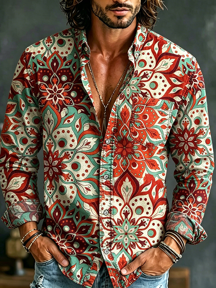 Men's Retro Ethnic Floral Long-sleeved Cotton Linen Shirt