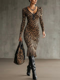 Business Casual Khaki Leopard V Neck Long Sleeve Bodycon Elegant Strappy Midi Dresses