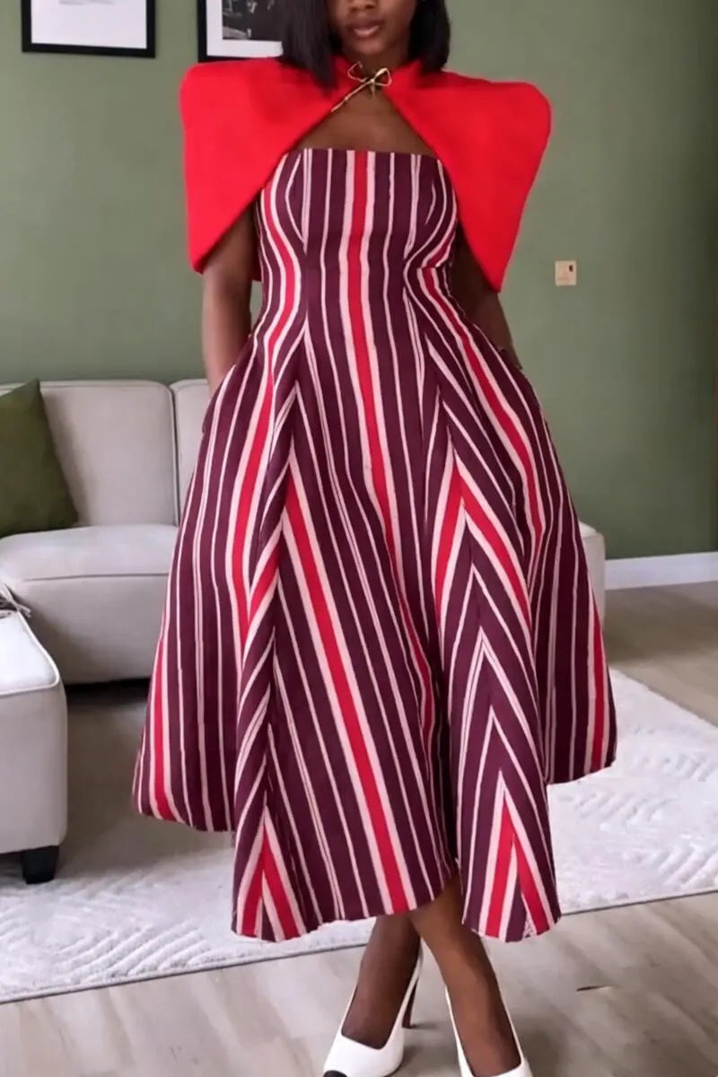 Women Suspender Vertical Stripe Waist Cinching Dress+ Shawl Elegant Temperament Set