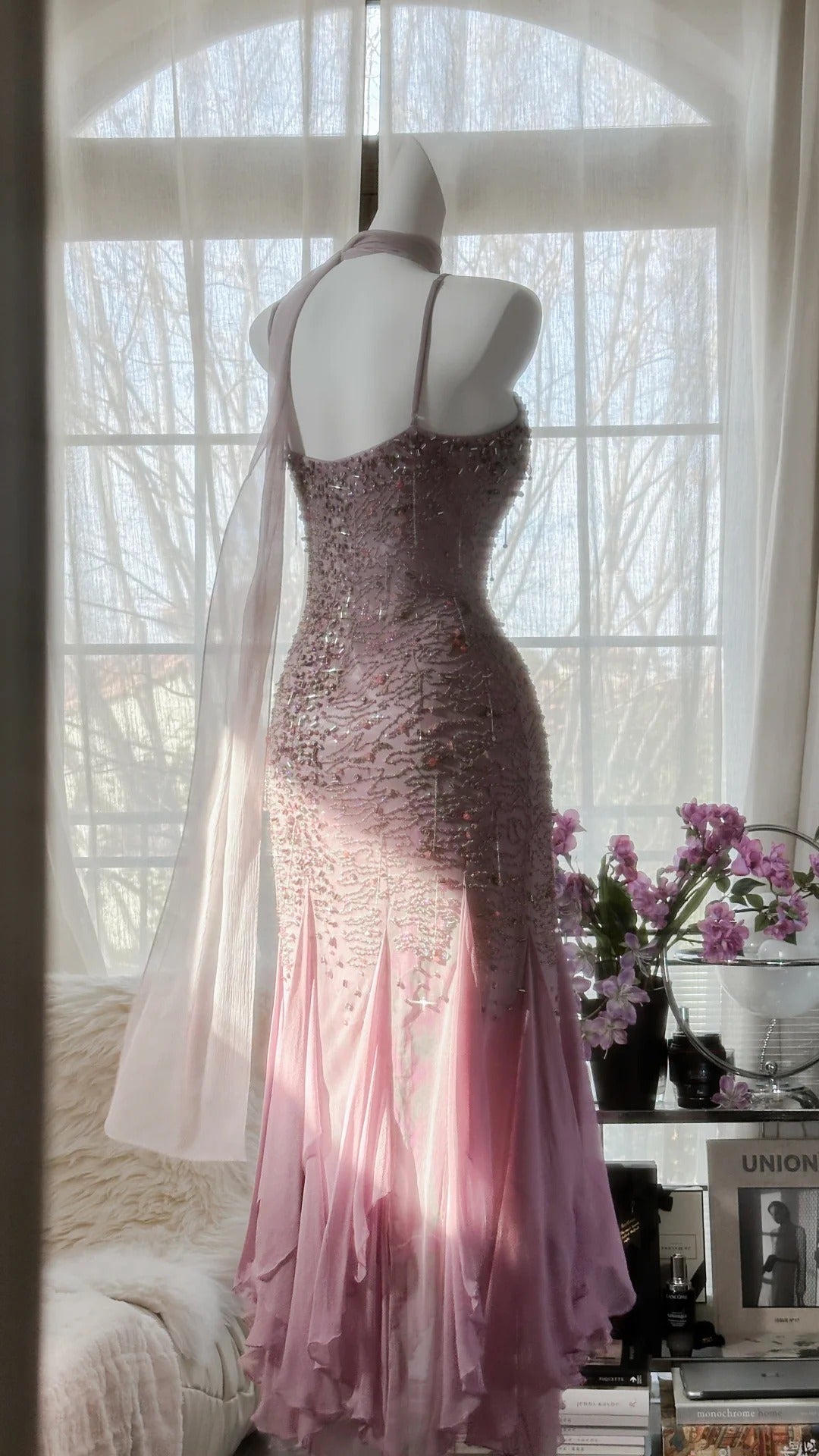 Pink Purple Elegant Romantic Exquisite Beaded Long Chiffon Ball Gown Evening Dress Birthday/Wedding Guest/Holiday Party Dress Prom Dress