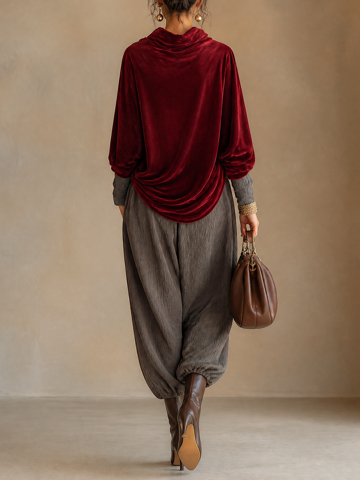 Burgundy Velvet Cowl Neck Top & Grey Crinkled Harem Pant Two‑Piece Set