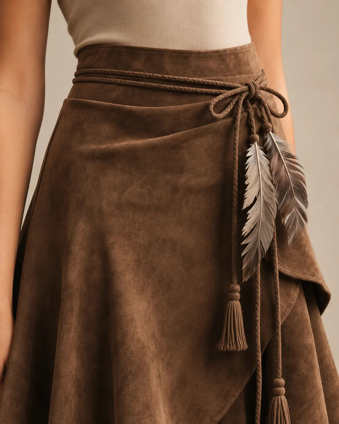 Brown Asymmetric Suede Wrap Skirt