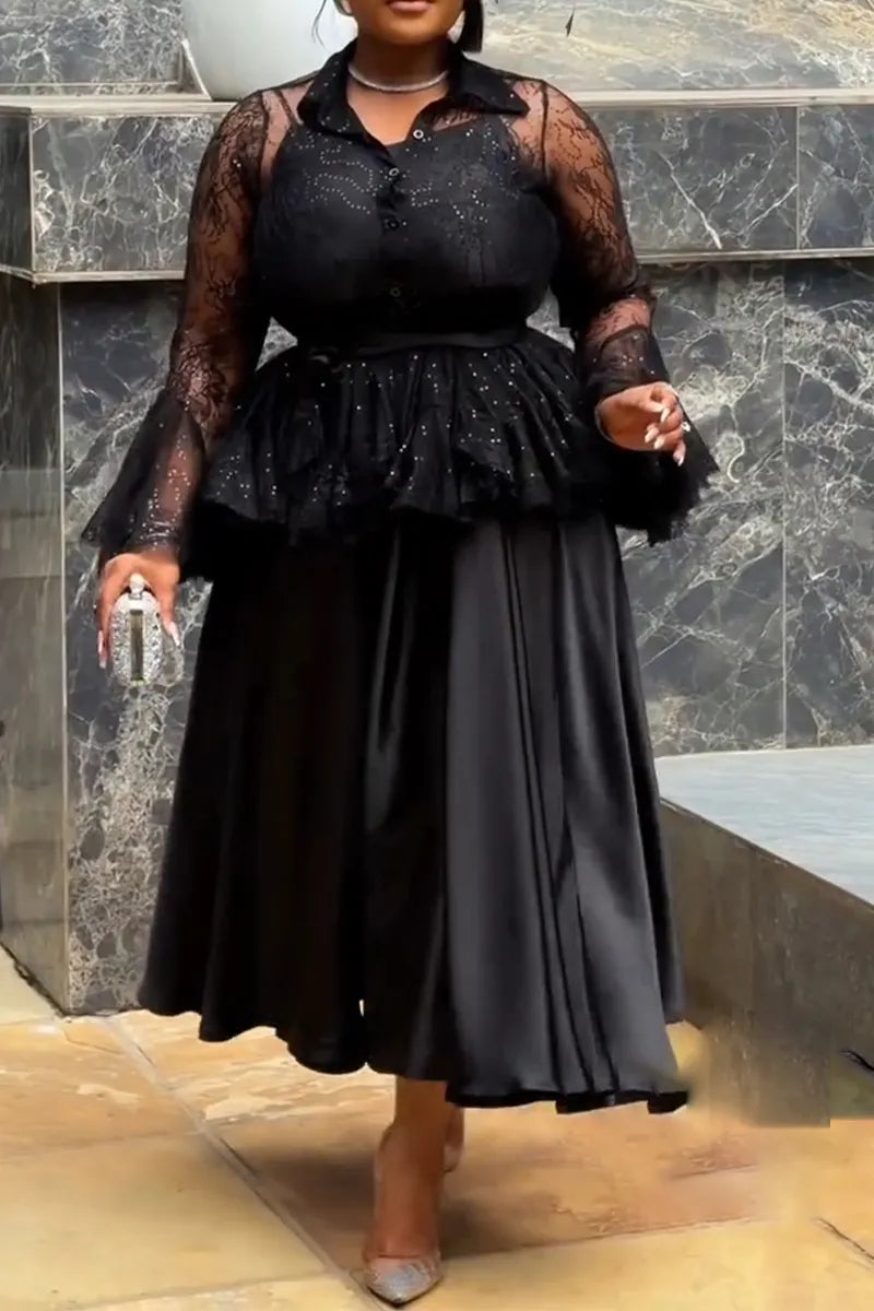 Women Elegant Temperament Spaghetti Strap Dress or See Through Lace Patterned Cardigan