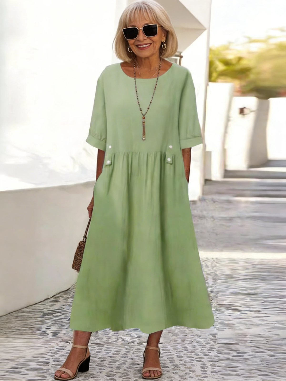 Summer Short-sleeved Cotton and Linen Dress Hot-selling Round Neck Loose Medium and Long Large Size Skirt