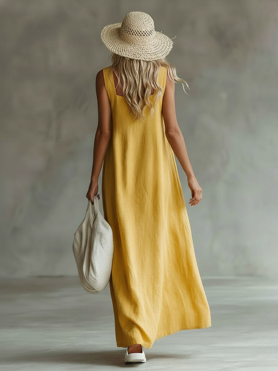 Yellow Cotton And Linen Embroidered Sleeveless Maxi Dress