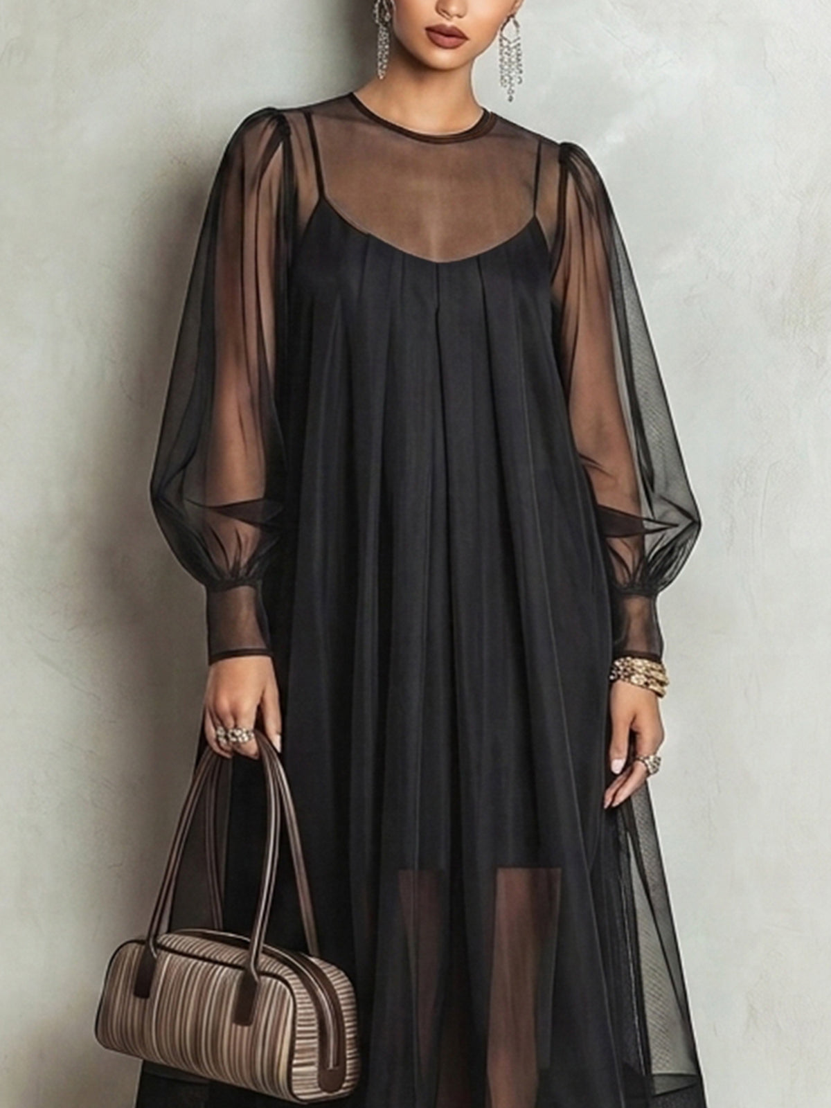 Black Sheer Mesh Overlay Midi Dress