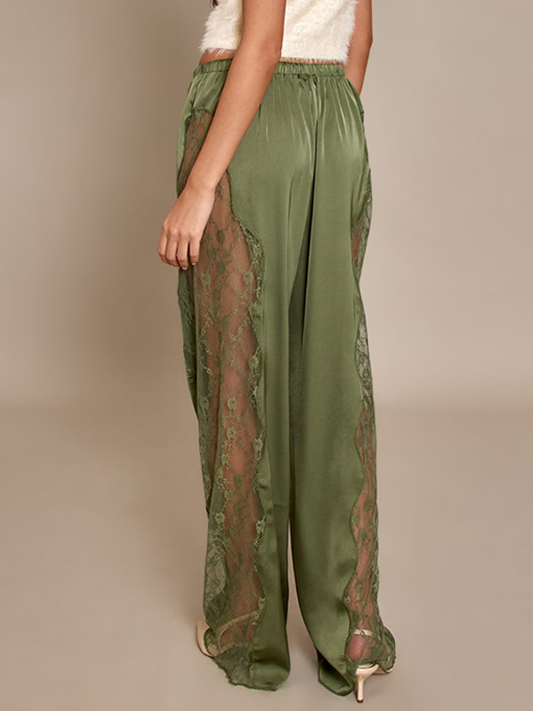 Deep Olive Satin Lace-Trim Drawstring Pants