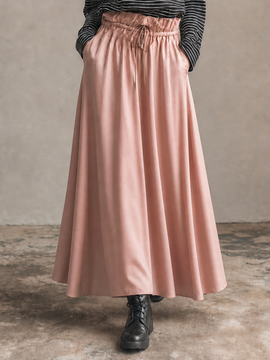 Women's Black White Striped Half Zip Hooded Long Sleeve Loose Top Dusty Pink Drawstring High Waist Side Pocket Flowy Maxi Skirt Two Piece Set MDZ2179G4YZJ