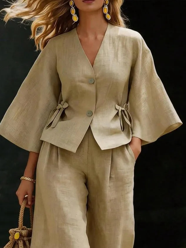 Cotton And Linen Casual Plain Distressing V Neck Shirt