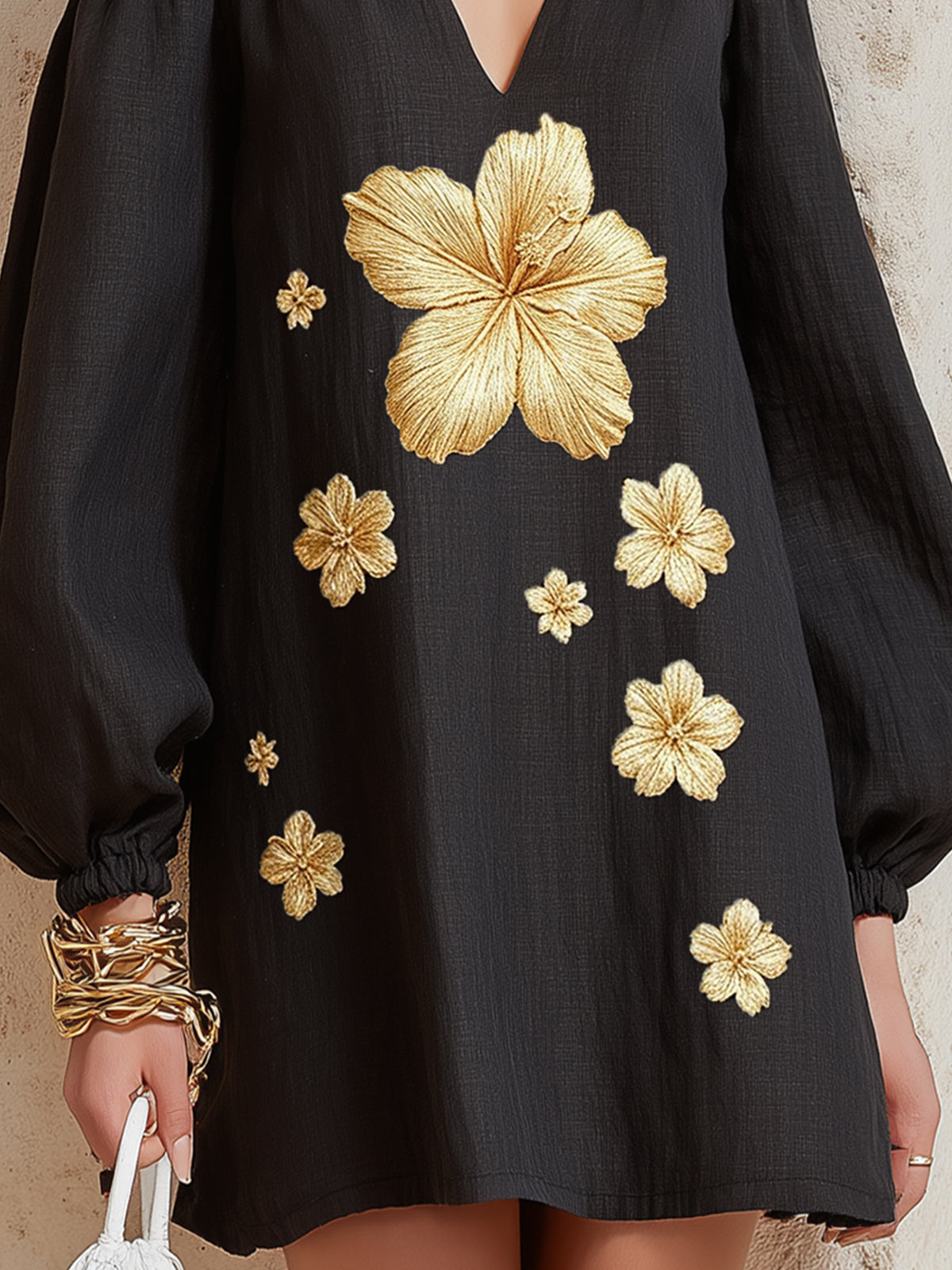 Black Cold Shoulder Long Sleeve Golden Floral Embroidered Mini Dress