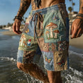 Men's Colorful Hippie Sun And Mushroom Pattern Casual Linen Blend Shorts
